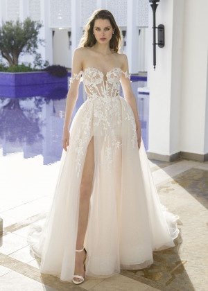 Ivory Lace Tulle Slit Sexy Wedding Dress With Detachable Straps